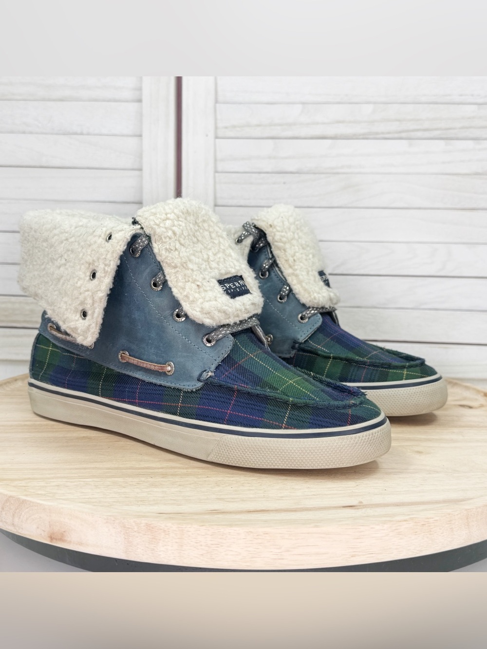 Sperry Tartan Plaid Fleece Lined Fold Over Boots Blue Green Women 11 Preppy